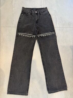 PIRAL Black Washed Denim Jeans Rhinestone Crystal Detail Size S